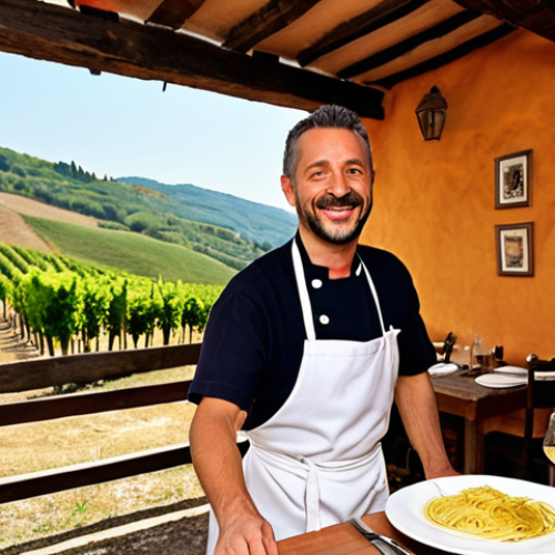 Home 19 **Image Prompt:** A cozy, family-run trattoria in Tuscany. Chef Marco, with a warm smile, teaches a tourist how to make pasta. Rolling hills of Chianti vineyards visible in the background. Focus on the authenticity and rustic charm.