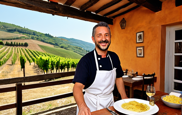 **Image Prompt:** A cozy, family-run trattoria in Tuscany. Chef Marco, with a warm smile, teaches a tourist how to make pasta. Rolling hills of Chianti vineyards visible in the background. Focus on the authenticity and rustic charm.
