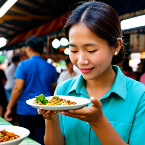 Home 18 A professional female traveler in modest, comfortable attire, carefully tasting a small, colorful portion of authentic local cuisine at a clean, bustling street food market in Southeast Asia. She holds a small, beautifully presented dish. The background shows blurred market stalls with fresh produce and a diverse crowd, emphasizing mindful enjoyment and healthy choices. Perfect anatomy, correct proportions, natural pose, well-formed hands, proper finger count, natural body proportions, safe for work, appropriate content, fully clothed, professional, family-friendly.