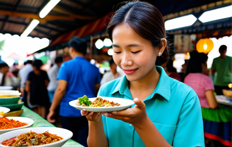 A professional female traveler in modest, comfortable attire, carefully tasting a small, colorful portion of authentic local cuisine at a clean, bustling street food market in Southeast Asia. She holds a small, beautifully presented dish. The background shows blurred market stalls with fresh produce and a diverse crowd, emphasizing mindful enjoyment and healthy choices. Perfect anatomy, correct proportions, natural pose, well-formed hands, proper finger count, natural body proportions, safe for work, appropriate content, fully clothed, professional, family-friendly.