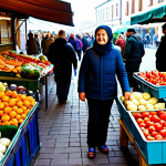 A traveler, fully clothed in comfortable, modest casual wear, is standing amidst a vibrant and bustling outdoor Polish local market. Stalls are filled with an abundance of fresh, colorful vegetables, fruits, artisanal cheeses, and homemade preserves, neatly displayed. People of various ages are seen in the background, browsing and interacting with vendors. The scene is illuminated by soft, natural daylight, capturing the authentic energy and inviting atmosphere of the market. The subject is in a natural pose with perfect anatomy, correct proportions, well-formed hands, and proper finger count. This is a high-quality professional photograph, safe for work, appropriate content, and family-friendly.