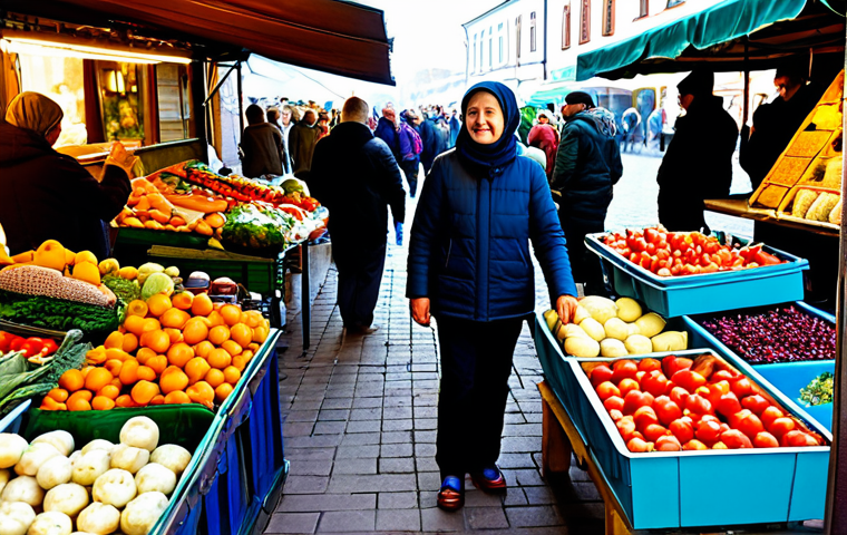 A traveler, fully clothed in comfortable, modest casual wear, is standing amidst a vibrant and bustling outdoor Polish local market. Stalls are filled with an abundance of fresh, colorful vegetables, fruits, artisanal cheeses, and homemade preserves, neatly displayed. People of various ages are seen in the background, browsing and interacting with vendors. The scene is illuminated by soft, natural daylight, capturing the authentic energy and inviting atmosphere of the market. The subject is in a natural pose with perfect anatomy, correct proportions, well-formed hands, and proper finger count. This is a high-quality professional photograph, safe for work, appropriate content, and family-friendly.