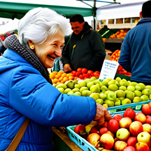 Home 8 **
"A professional photographer capturing a scene at a bustling Polish farmers market (Targ) filled with fresh, seasonal produce. Focus on a vendor selling vibrantly colored fruits and vegetables, with customers browsing. Everyone is fully clothed in appropriate attire for a market setting, safe for work, appropriate content, perfect anatomy, natural proportions, professional photography, high quality, family-friendly. Focus on the textures of the food and the happy interactions between people. A "Babcia" (grandmother) is smiling while purchasing apples. "
**