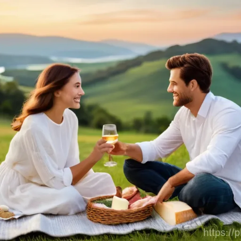 특별한 기념일을 위한 식도락 여행 계획 - **Prompt:** A cozy and inviting scene of a couple enjoying a delightful picnic outdoors. They are se...