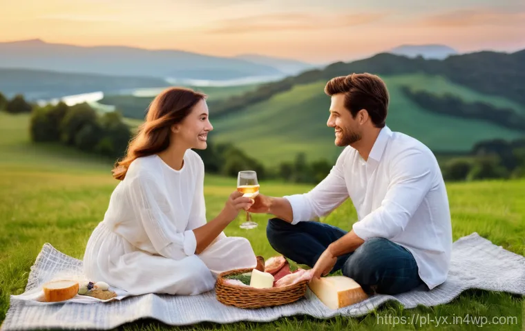 특별한 기념일을 위한 식도락 여행 계획 - **Prompt:** A cozy and inviting scene of a couple enjoying a delightful picnic outdoors. They are se...