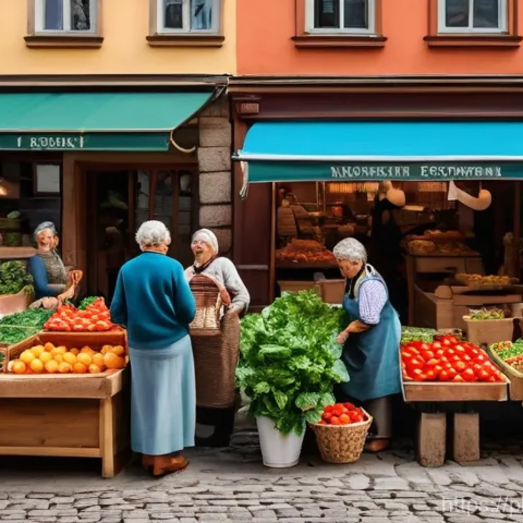 지역 특산물을 살 수 있는 시장 탐방 - **Vibrant Polish Market Gathering:**
A bustling outdoor market scene in a quaint, historic Polis...