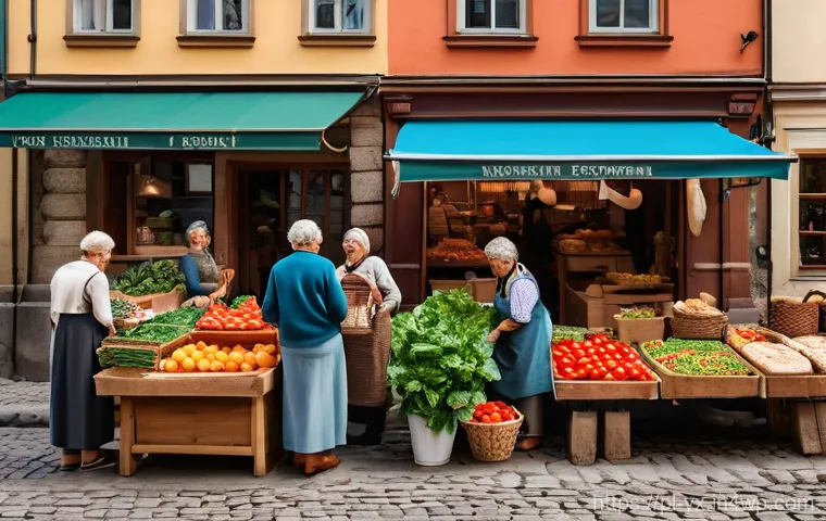 지역 특산물을 살 수 있는 시장 탐방 - **Vibrant Polish Market Gathering:**
A bustling outdoor market scene in a quaint, historic Polis...