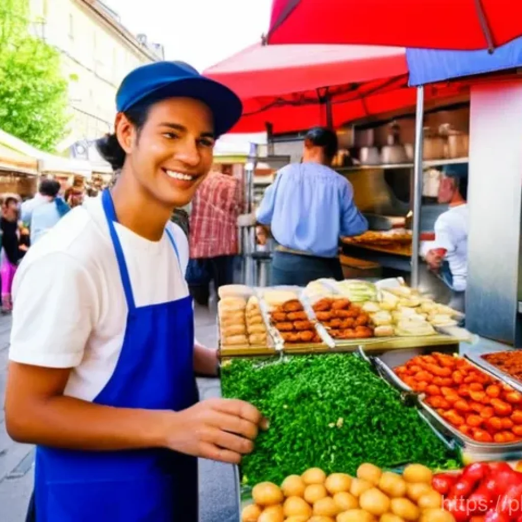 여행지의 유명한 음식 종류 알아보기 - **Prompt 1: Bustling European Street Food Scene**
A vibrant, sun-drenched street food market in ...