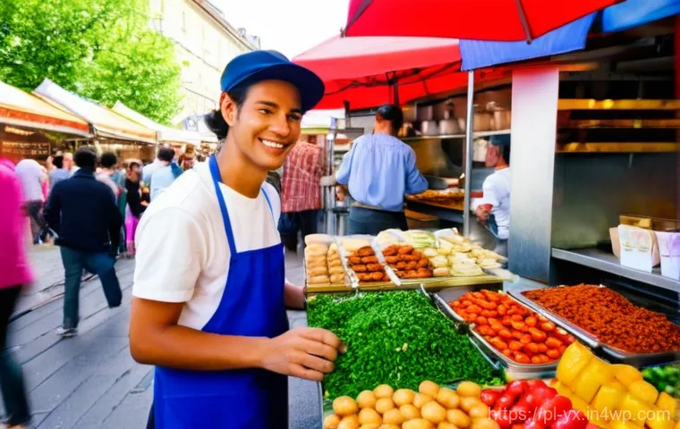 여행지의 유명한 음식 종류 알아보기 - **Prompt 1: Bustling European Street Food Scene**
    A vibrant, sun-drenched street food market in ...