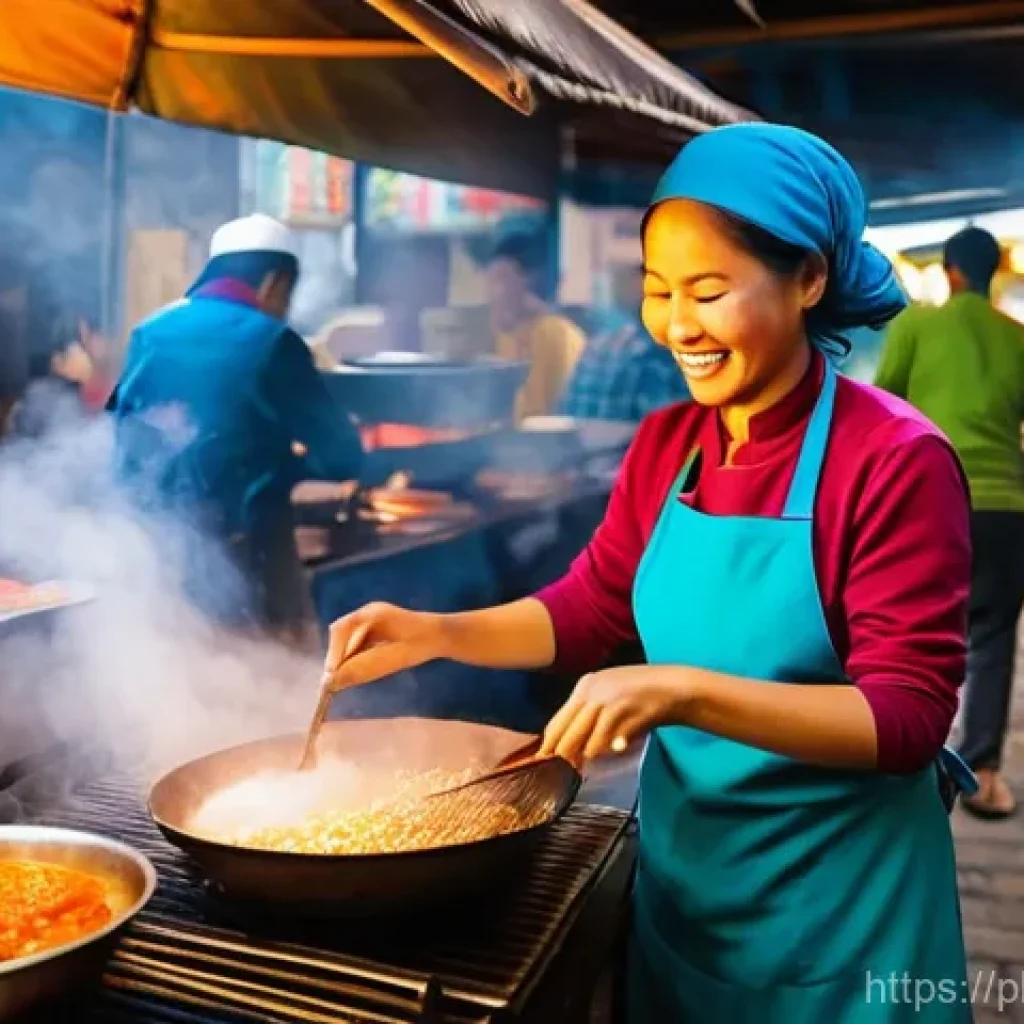 식도락 여행 중 유의사항 - **Vibrant Street Food Vendor:** A bustling and colorful street food stall in a lively market setting...