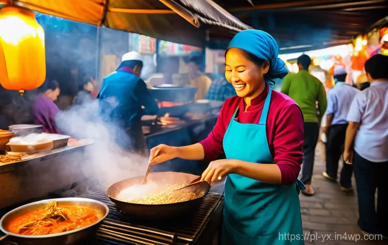 식도락 여행 중 유의사항 - **Vibrant Street Food Vendor:** A bustling and colorful street food stall in a lively market setting...