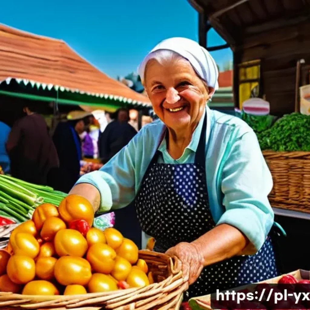 여행 후의 식도락 여행 총정리 - **Prompt:** A vibrant, bustling outdoor Polish farmers' market scene on a sunny day. The stalls are ...