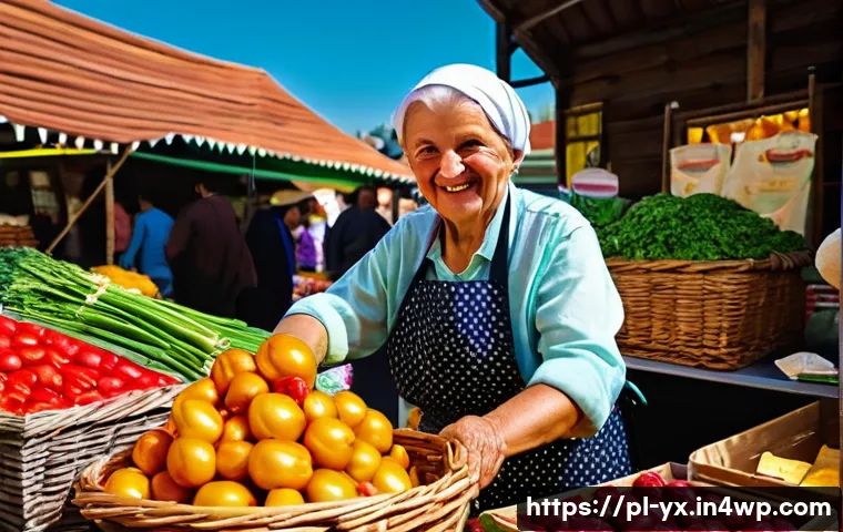 여행 후의 식도락 여행 총정리 - **Prompt:** A vibrant, bustling outdoor Polish farmers' market scene on a sunny day. The stalls are ...
