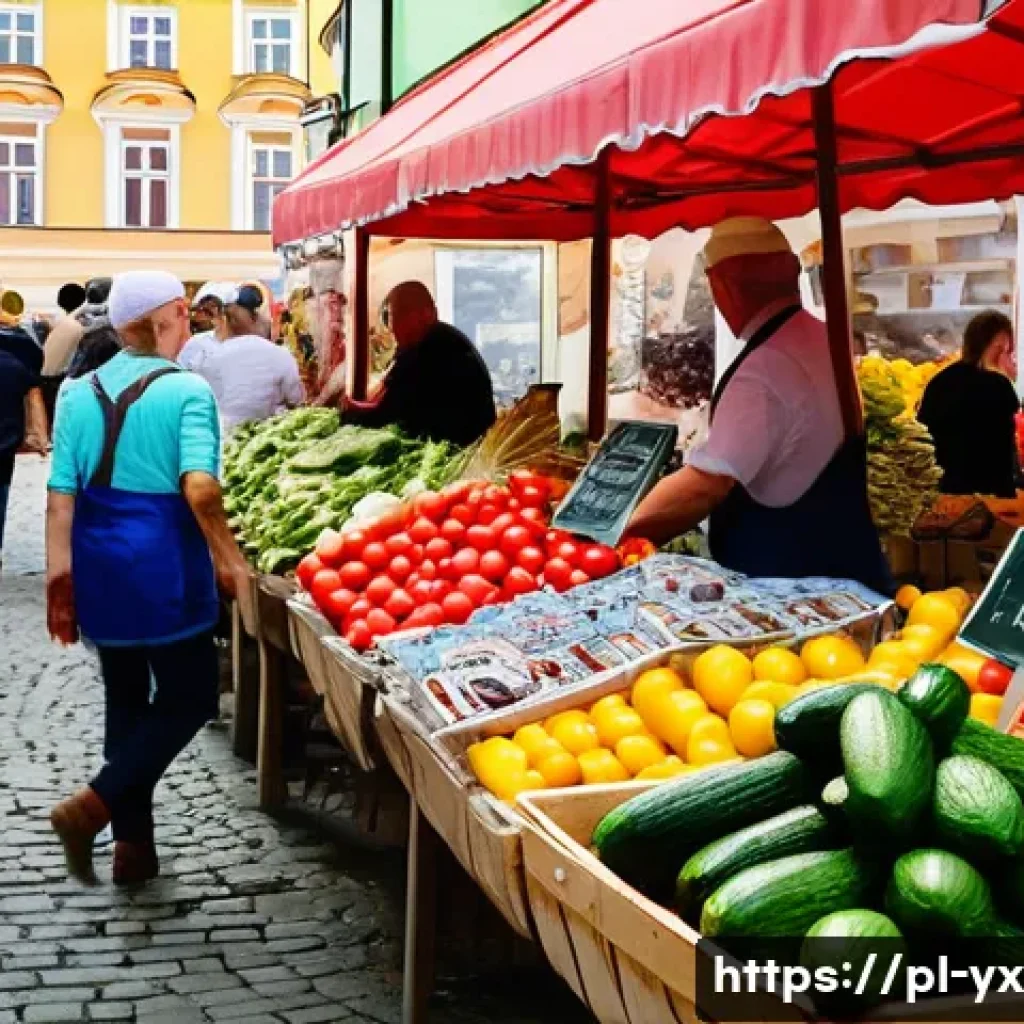 여행 중의 신선한 식사 선택하기 - A vibrant Polish local market scene in Kraków during a sunny morning, bustling with diverse local cu...