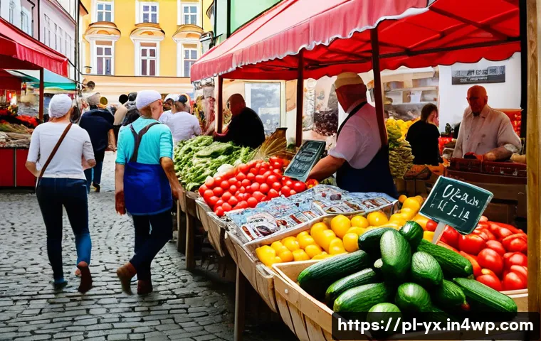 여행 중의 신선한 식사 선택하기 - A vibrant Polish local market scene in Krak&oacute;w during a sunny morning, bustling with diverse local cu...