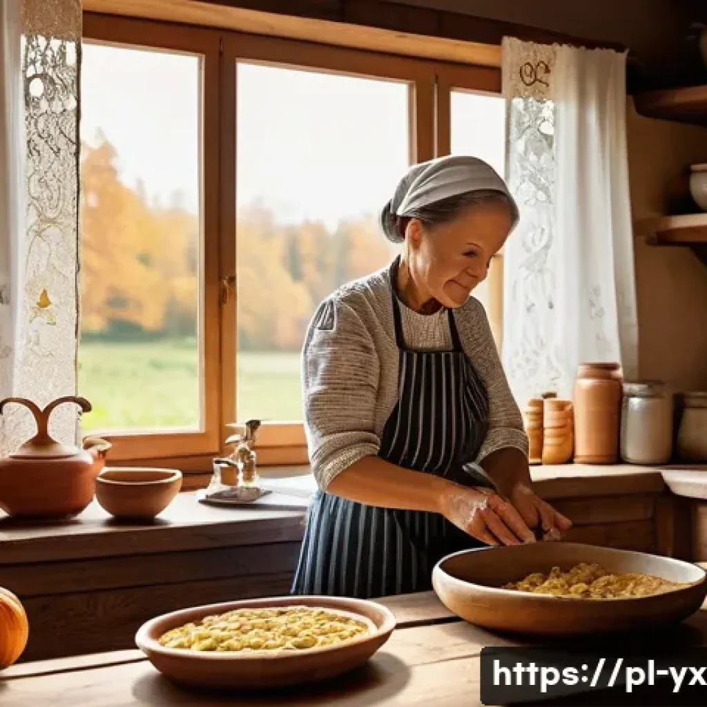 현지 가정에서의 식사 체험하기 - A warm, rustic Polish kitchen scene in a countryside home during autumn, featuring a family preparin...