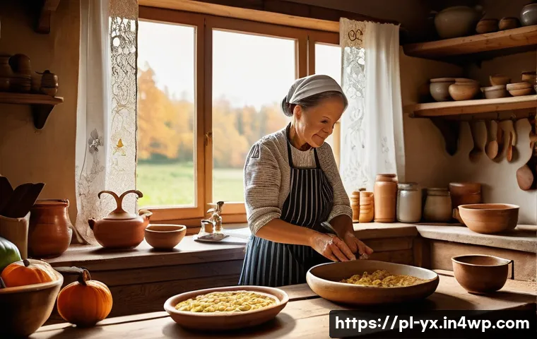 현지 가정에서의 식사 체험하기 - A warm, rustic Polish kitchen scene in a countryside home during autumn, featuring a family preparin...