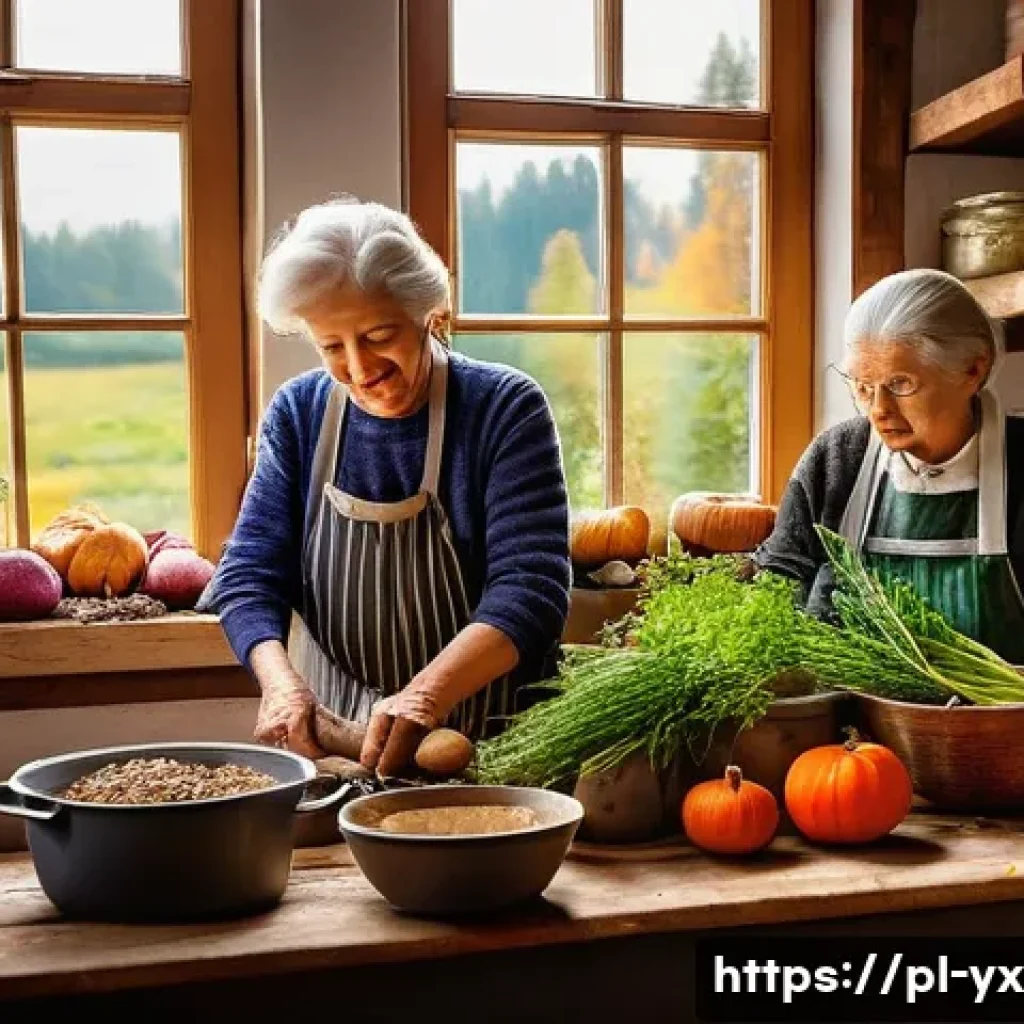 음식과 관련한 문화 체험하기 - A cozy Polish countryside kitchen scene during autumn, featuring a wooden table laden with tradition...