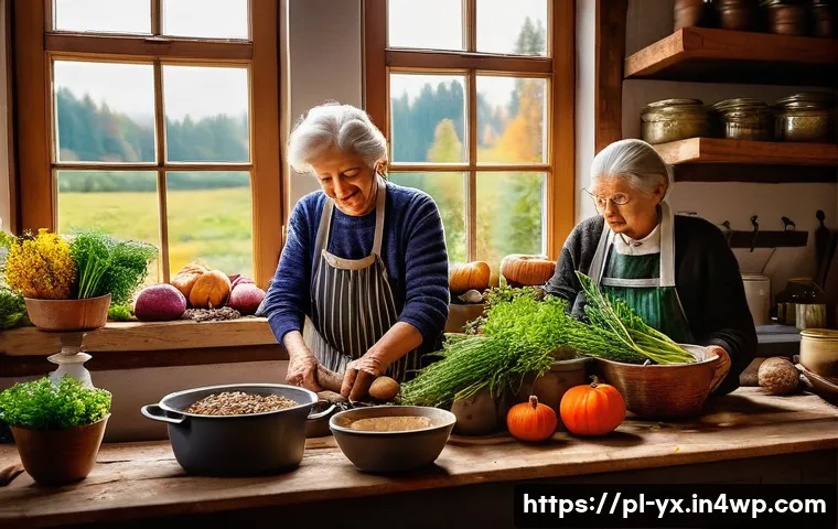 음식과 관련한 문화 체험하기 - A cozy Polish countryside kitchen scene during autumn, featuring a wooden table laden with tradition...