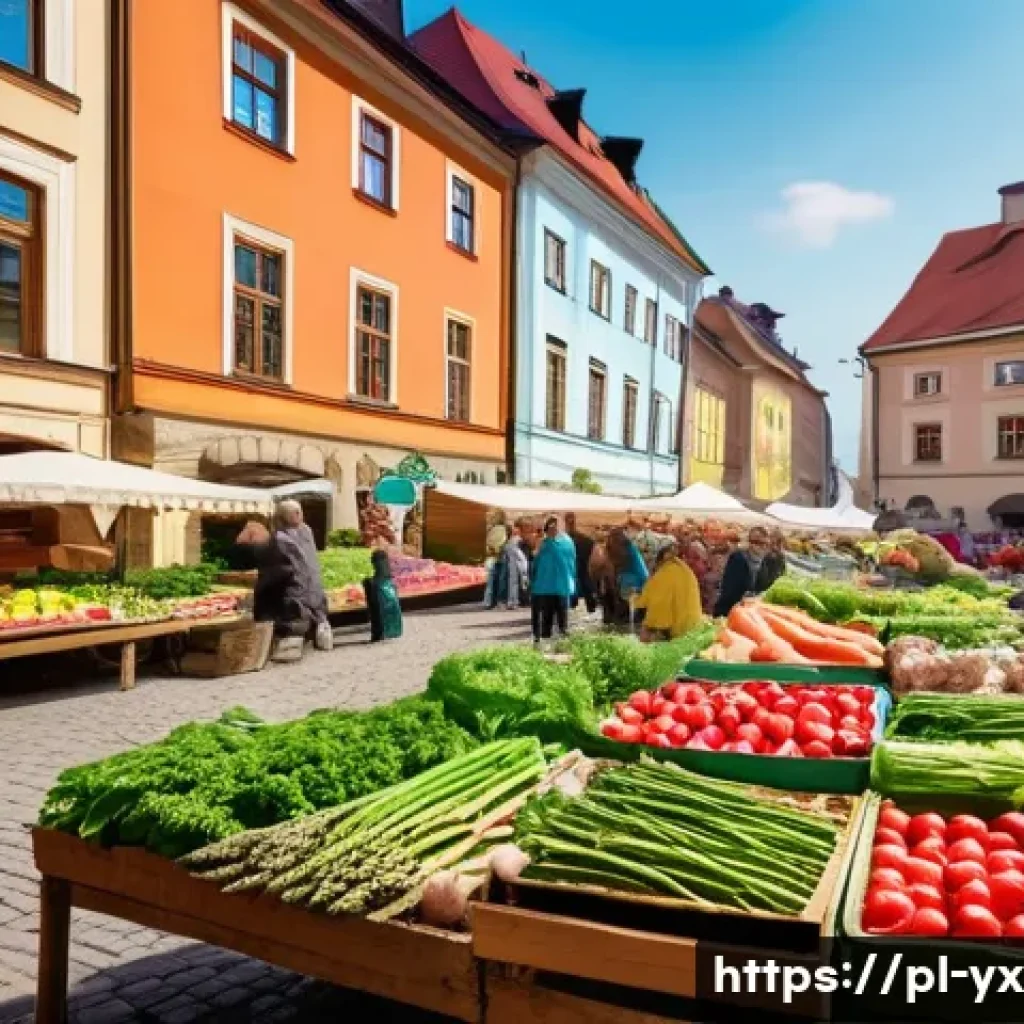 지속 가능한 식도락 여행 계획하기 - A vibrant local Polish farmer’s market scene in springtime, featuring wooden stalls overflowing with...
