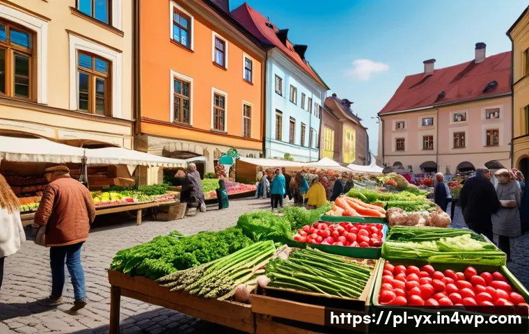 지속 가능한 식도락 여행 계획하기 - A vibrant local Polish farmer’s market scene in springtime, featuring wooden stalls overflowing with...