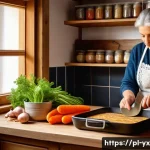 직접 음식 만들기 체험하기 - A cozy, bright Polish kitchen scene showing a middle-aged person preparing a traditional potato panc...