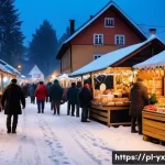 여행 중 식도락 관련 팟캐스트 듣기 - A vibrant outdoor Polish food market scene in a small village during Christmas time, featuring local...