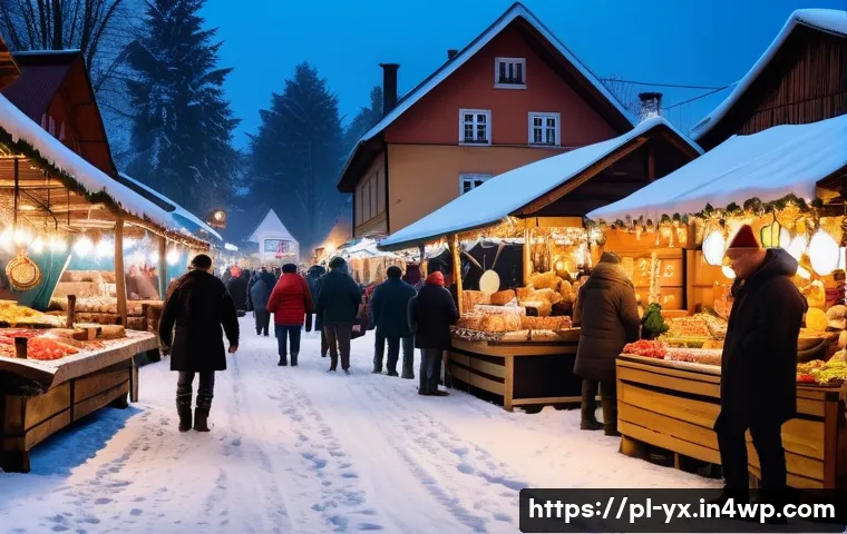 여행 중 식도락 관련 팟캐스트 듣기 - A vibrant outdoor Polish food market scene in a small village during Christmas time, featuring local...