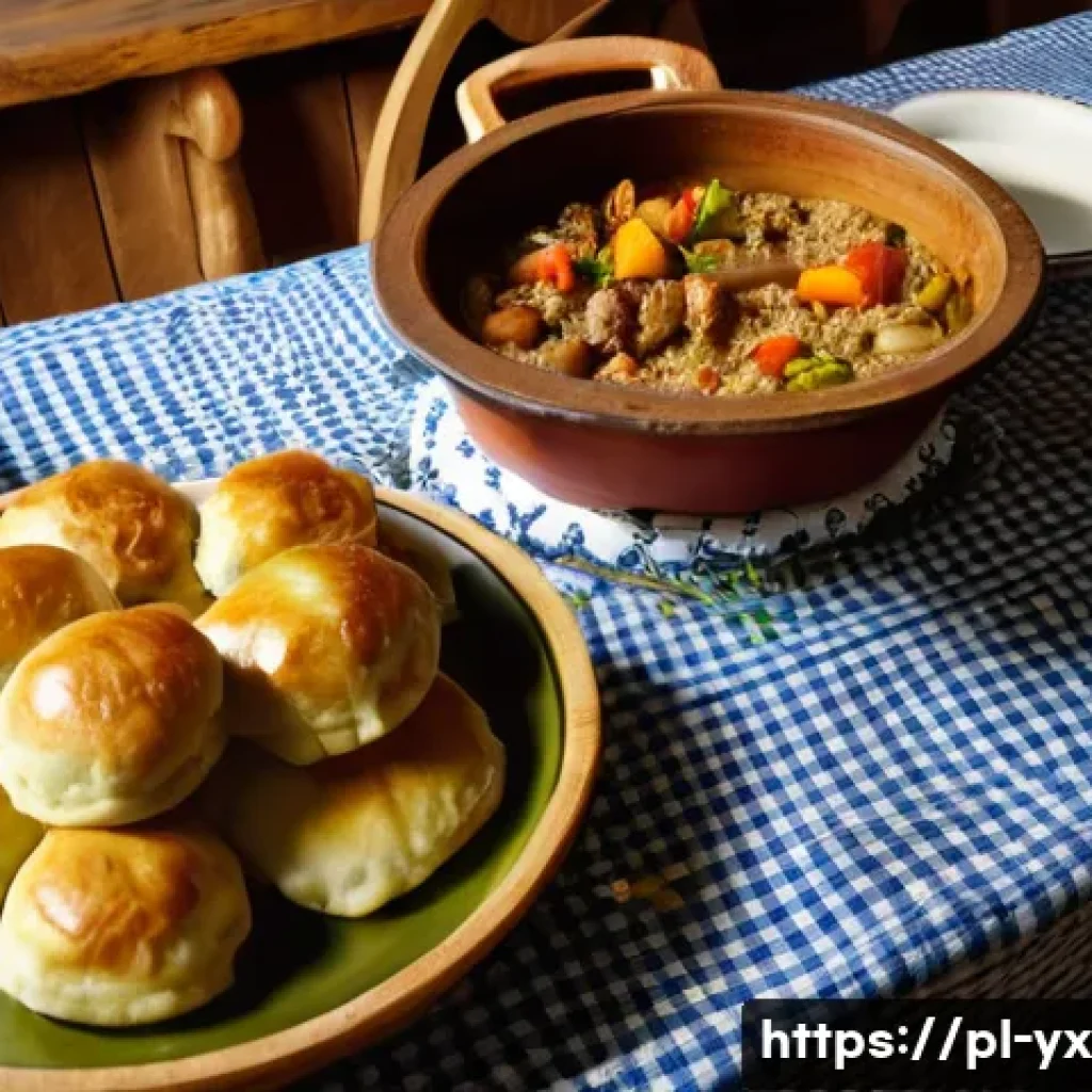 현지 음식을 통해 배우는 문화 - A rustic Polish kitchen scene showcasing a wooden table laden with traditional dishes such as żurek ...