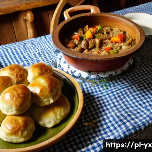 현지 음식을 통해 배우는 문화 - A rustic Polish kitchen scene showcasing a wooden table laden with traditional dishes such as żurek ...