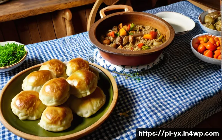 현지 음식을 통해 배우는 문화 - A rustic Polish kitchen scene showcasing a wooden table laden with traditional dishes such as żurek ...