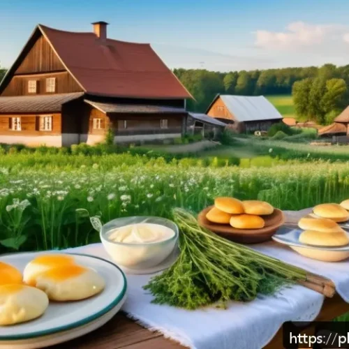 전통 음식 관련 여행지 탐방 - A rustic Polish countryside farm scene in Mazovia region, featuring a traditional wooden farmhouse s...