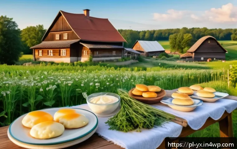 전통 음식 관련 여행지 탐방 - A rustic Polish countryside farm scene in Mazovia region, featuring a traditional wooden farmhouse s...