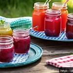 여행 중의 맛있는 음료 선택하기 - A rustic wooden table set outdoors in a sunny Polish village, featuring a variety of traditional fru...