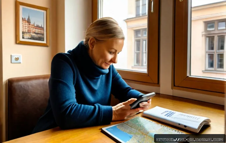 Home 17 여행 중 미리 예약해두어야 할 음식점 - Photorealistic travel planning scene in a cozy Warsaw apartment, a mature couple seated at a clean w...